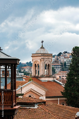 Orthodox Church Bell Tower Above Rooftops in Bebek, Istanbul