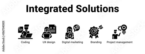 Integrated Solutions web banner icon vector illustration concept for  with icon of Coding, UX design, Digital marketing.