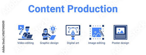 Content Production web banner icon vector illustration concept for  with icon of Video editing, Graphic design, Digital art, Image.