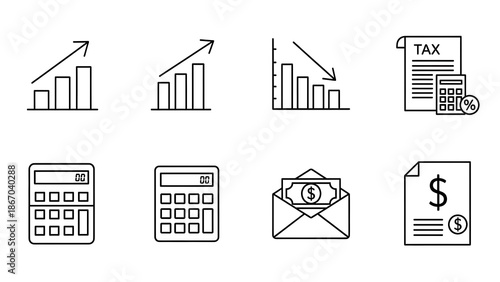 Collection of Icons Representing Financial Growth and Decline, Tax Documents, and Calculators for Business and Economic Concepts