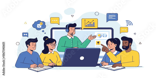 A successful group of business people using a laptop and tablet to collaborate in a modern office through a high-tech communication network connection