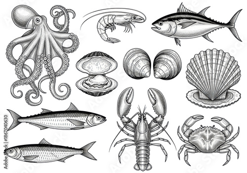 Intricate black and white vintage engravings of octopus, shrimp, tuna, and clams, isolated on transparent with copy space, scientific collection concept