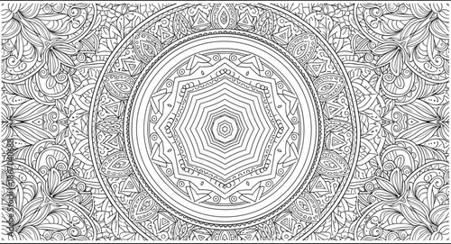 Mandala vector, black and white artwork, geometric floral design, meditation coloring page, symmetrical pattern, decorative sketch, ornate illustration