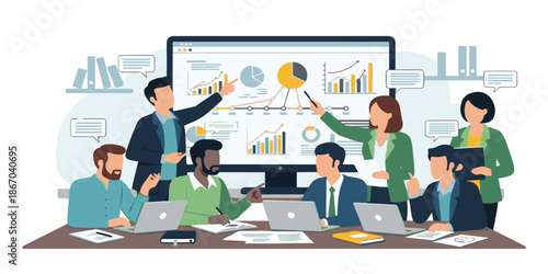 A professional montage of a business team working in a modern office using laptop technology and communication networks for a successful presentation and collaborative meeting