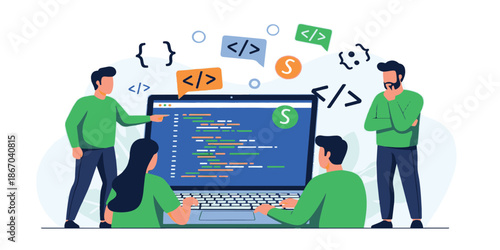 Cartoon illustration of a successful businessman working on a laptop computer screen to symbolize a modern web communication and technology concept