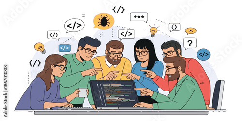 A vector illustration of a business team and a diverse group of people working together using laptops, phones, and cloud technology to build a social network connection