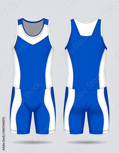 Blue and white athletic uniform in front and back views