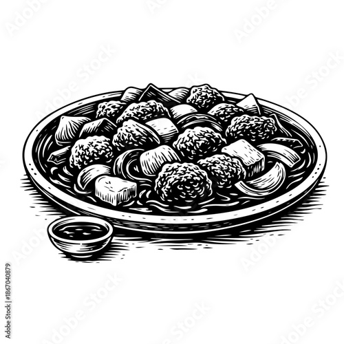 Vintage woodcut illustration of a hearty plate of meatballs and dipping sauce.