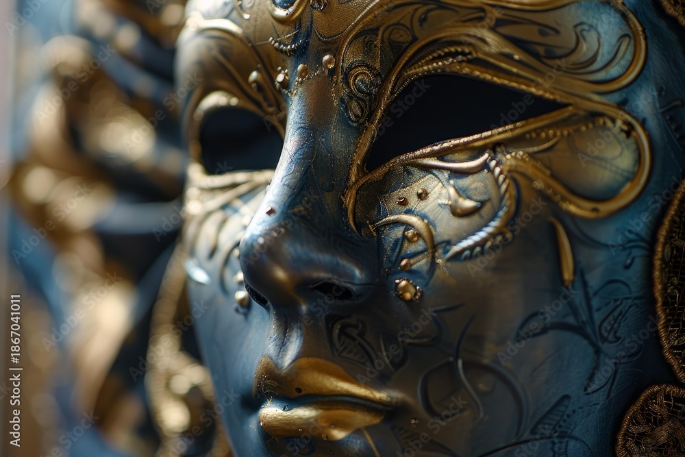 Fototapeta premium Close up of a venetian carnival mask, showing the elaborate gold and blue decorations