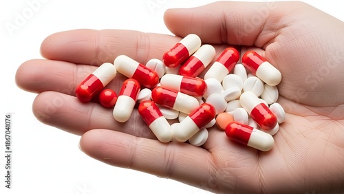 Closeup Isolated Heap of Capsule and Pill in Hand for Medical Treatment