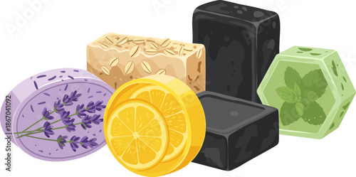 Handmade organic soap bars with lavender, lemon and mint ingredients