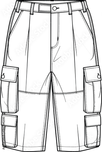 Women High Waisted Knee Length Cargo Shorts Technical Fashion Flat Sketch Vector Illustration, Utility Bermuda Trousers CAD Drawing Template, White