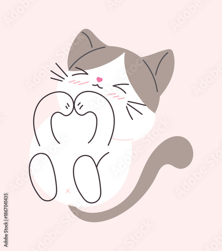 Valentine cute cat sitting vector illustration with blush cheeks and playful pose. Cute hand drawn design for greeting cards, stickers, nursery prints and social posts.