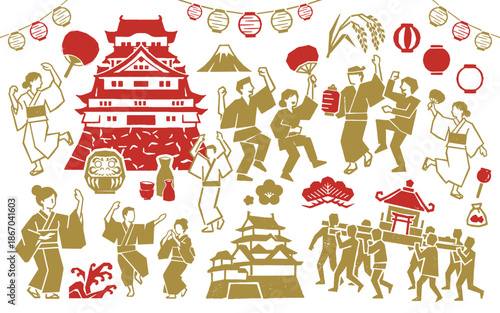 日本の祭りデザイン素材セット 版画風の城・神輿・盆踊り・提灯のイラスト（ベクター）