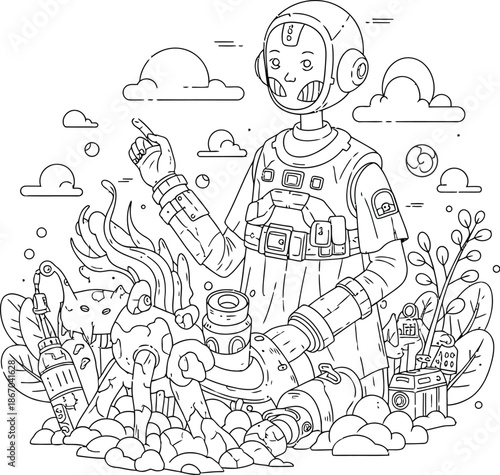 Line art illustration featuring a friendly futuristic android scientist interacting with strange alien flora and fauna in a whimsical outdoor environment