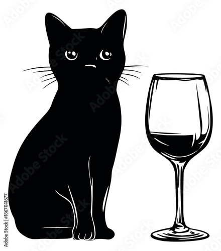Stylized illustration of a black cat and a wine glass depicting a cat looking pensively at a glass of red wine for pet and beverage-themed designs