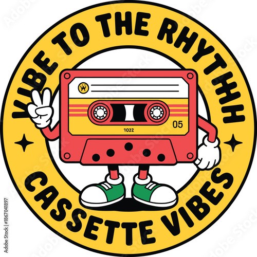 Yellow circular with cassette tape character and text
