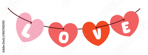Valentine love garland vector illustration with hanging heart letters in pink and red colors. Cute romantic design for banners, cards and party decor.