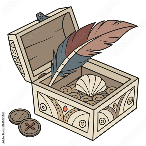 Treasure chest with feather and shells