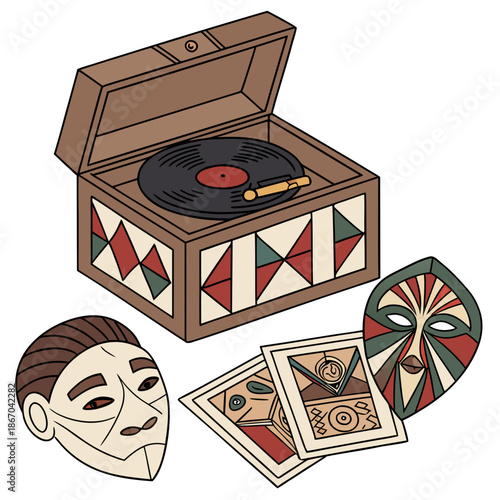 Vintage vinyl player with cultural artifacts