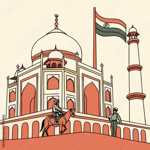 Illustration of the taj mahal with the indian flag