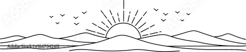 Minimalist line art illustration depicting a serene sunrise or sunset over rolling hills with small birds flying across the bright horizon line design.