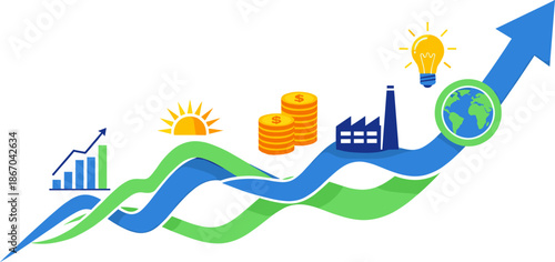 Conceptual business growth chart with upward arrow, industry, currency, and ecology icons.