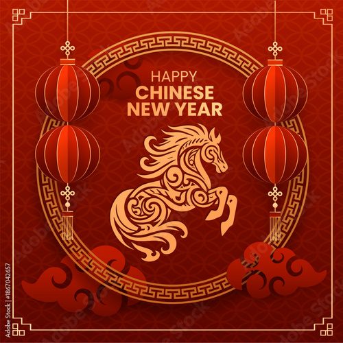 Graphic collection of gold scandinavian horse chinese new year imlek with seamless pattern