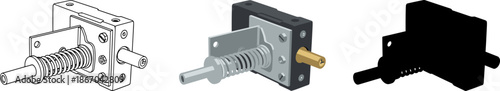 Mechanical spring mechanism part with shaft and bolt in line art, 3D flat, and silhouette style