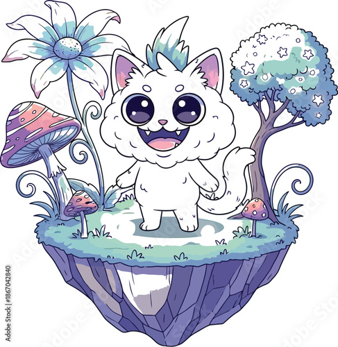 Adorable fluffy white cartoon cat character stands happily on a floating magical island surrounded by fantasy plants and luminous mushrooms