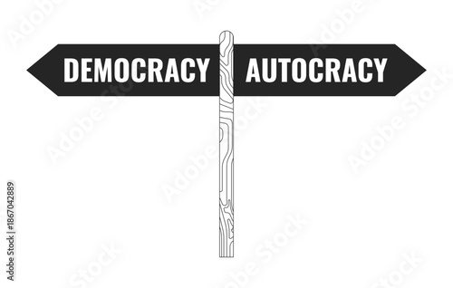 Democracy vs autocracy direction sign 2D line object. Political choices signpost. Freedom and control. Civic decision-making isolated clipart vector ink outline item. Monochrome spot illustration