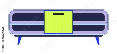 Media console table 2D cartoon object. Modern storage cabinet. Contemporary furniture for living room. Sideboard with open shelves isolated element flat vector clip art on white. Spot illustration