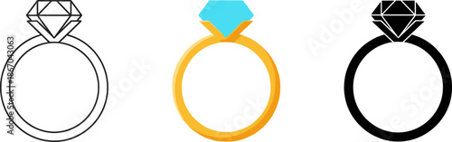Diamond engagement ring icon set in line art, golden flat color with blue gem, and black silhouette.