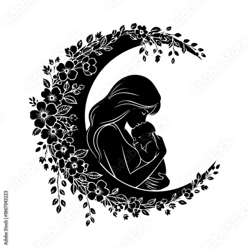 Mother cradling infant in floral crescent moon silhouette illustration