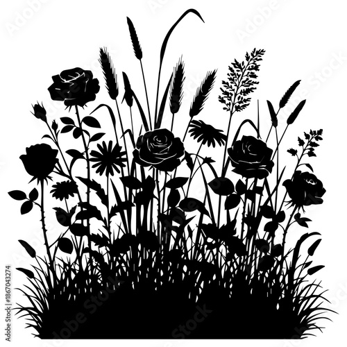 Black silhouettes of various flowers and grasses in a field viewed from the side