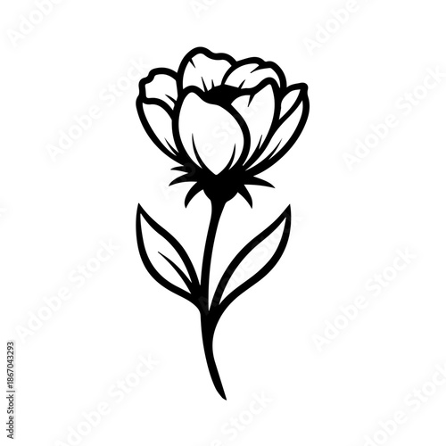 Simple black and white illustration of a flower with leaves on a plain background
