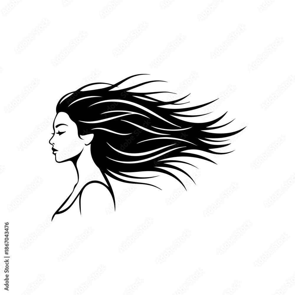 Naklejka premium Serene woman with flowing hair in a peaceful illustration from a side view