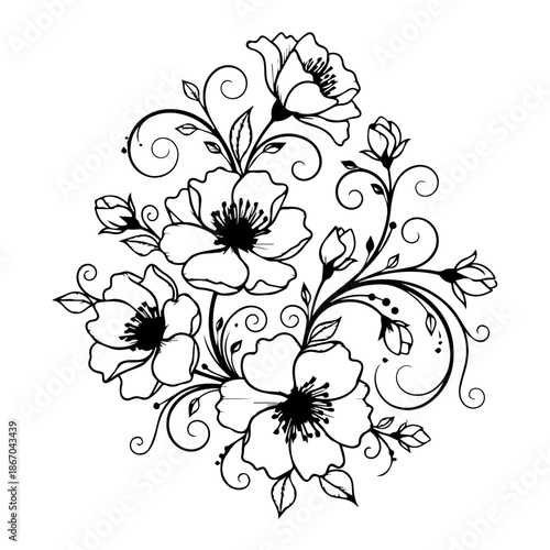 An elegant floral arrangement illustration featuring flowers, vines, and leaves in a decorative pattern