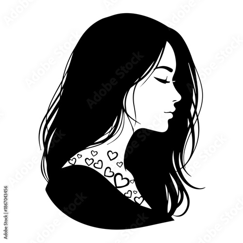 A serene young woman with a heart-patterned scarf gazes downward, illustrated in black and white.