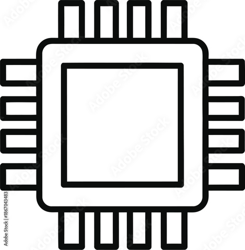 Simple black outline icon representing a central processing unit or microchip essential for electronic computation and digital technology systems
