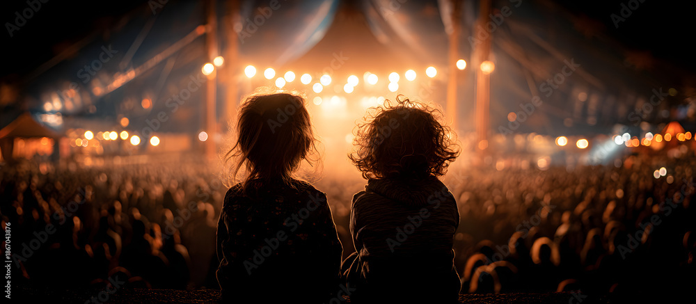 Fototapeta premium rear view kid children watching show on stage in circus carnival festive celebration in dome tent with crowd people inside exited lifestyle