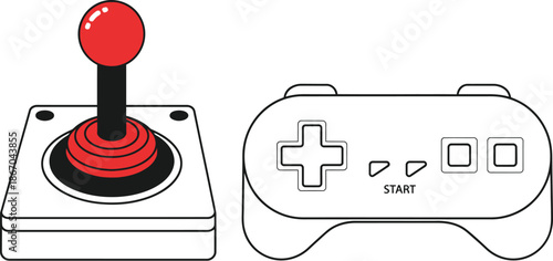 Classic arcade joystick controller sits next to a retro gaming pad featuring a directional cross and action buttons ready for play