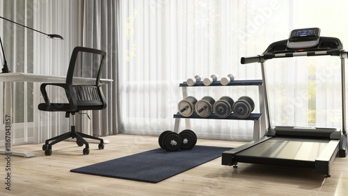 Luxury home gym. Modern treadmill, shelf of dumbbells, black yoga mat by working desk in room with sunlight from window with white sheer curtain for interior design decoration, background 3D