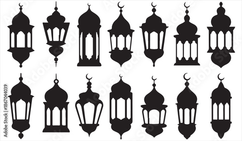 Islamic lantern icon collection black vector silhouettes for festive celebration design