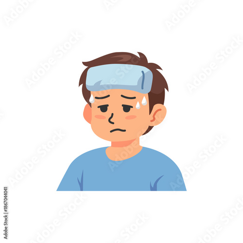 Sick Boy with Fever and Cold Compress on Head Flat Vector Illustration
