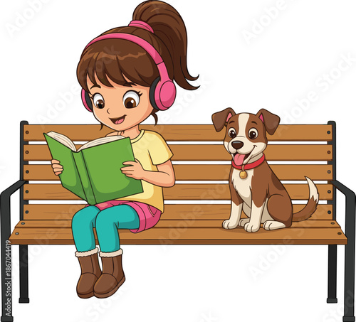 Happy cartoon girl with brown ponytail wearing pink headphones reading a green book while sitting on a wooden bench with her dog vector