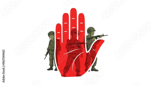 Stop war concept soldiers behind a red stop hand symbol illustration of peace and conflict resolution isolated on white