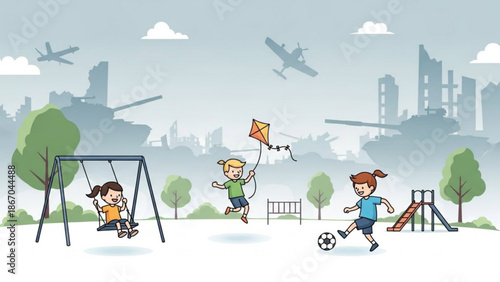Children playing in a park with war machines in the background concept of innocence amidst conflict illustration for social commentary