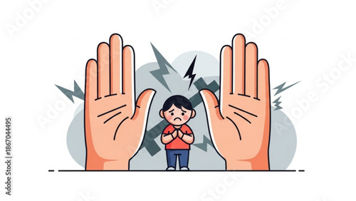 Sad child between large hands concept of protection or fear illustration for bullying or anxiety isolated on white