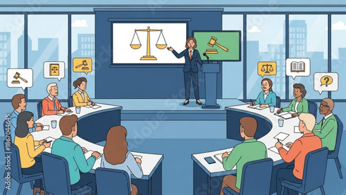 Lawyer presenting legal concepts in a boardroom meeting with scales of justice and gavel icons for legal services and justice themes